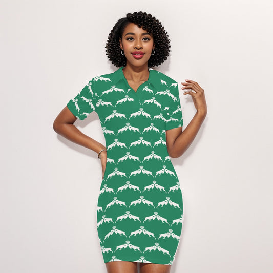 Green & White Monogram Polo Collar Dress