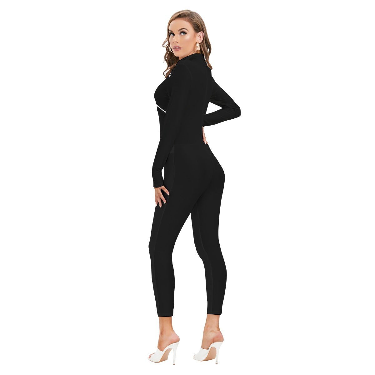 Black Long-sleeved High-neck Jumpsuit with Zipper