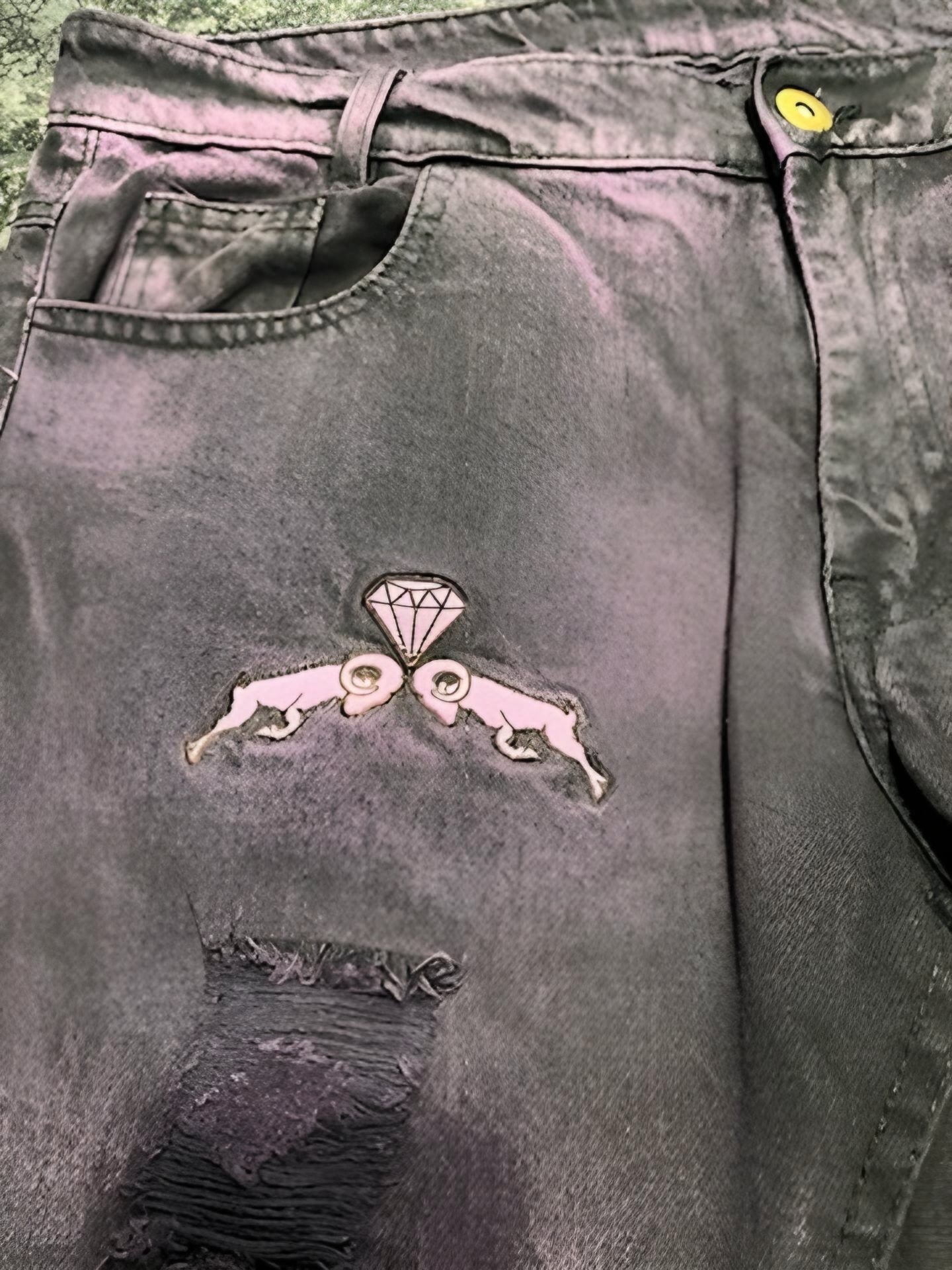 Destroyed Distressed Denim (W/ YELLOW OR PURPLE DISTRESS PATTERNS )