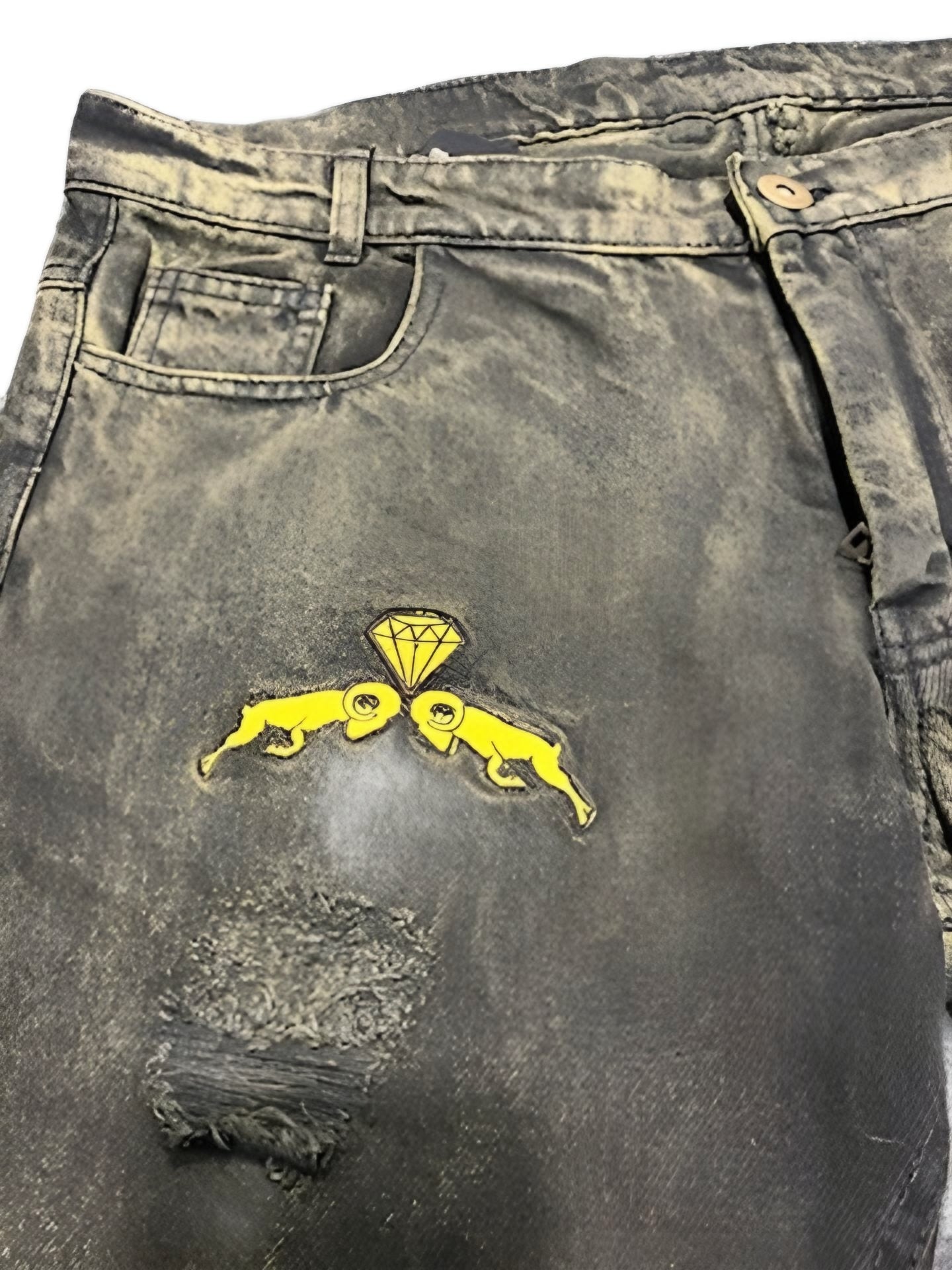 Destroyed Distressed Denim (W/ YELLOW OR PURPLE DISTRESS PATTERNS )