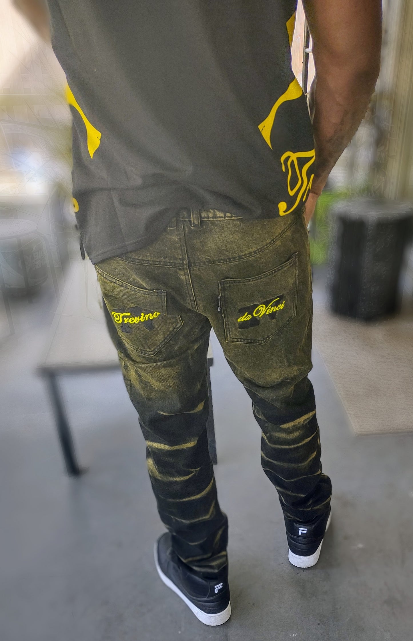 Destroyed Distressed Denim (W/ YELLOW OR PURPLE DISTRESS PATTERNS )