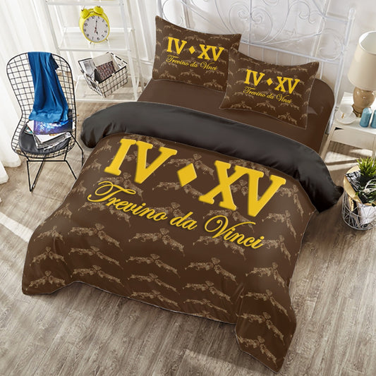 IX XV Premium Four-piece Monogrammed Duvet Cover Set (Chocolate/Gold)